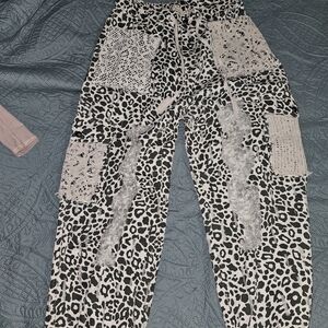 POL Cream And Dark Grren Animal Print  Crochet Patchwork Pant